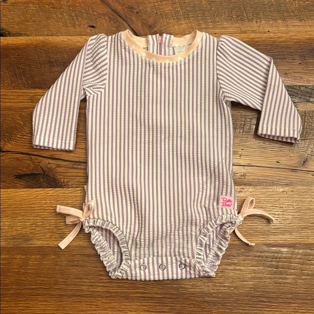 RuffleButts SeerSucker One Piece Rashguard 3-6 mo Swim Beach Long Sleeve UPF